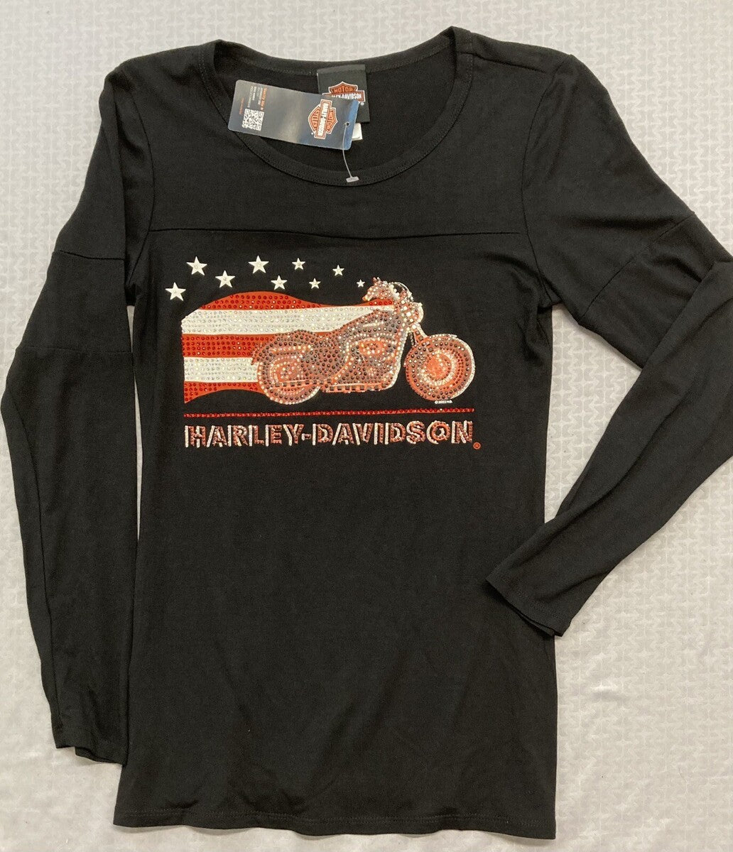 NEW HARLEY DAVIDSON HT4736BLK Women's Ride w/ Stars & Stripes L/S Black Top XL
