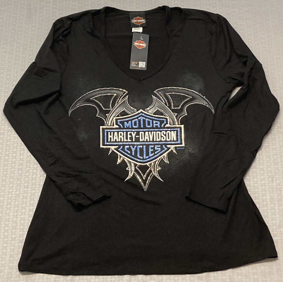 NEW HARLEY DAVIDSON HT4677BLK DULCE LONG SLEEVE V-NECK RHINESTONES BLACK XS