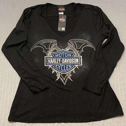 NEW HARLEY DAVIDSON HT4677BLK DULCE LONG SLEEVE V-NECK RHINESTONES BLACK XS