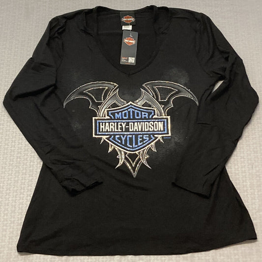 NEW HARLEY DAVIDSON HT4677BLK DULCE LONG SLEEVE V-NECK RHINESTONES BLACK XS