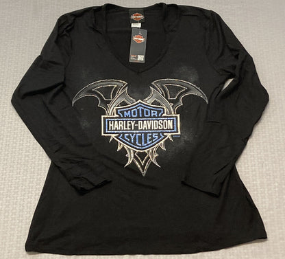 NEW HARLEY DAVIDSON HT4677BLK DULCE LONG SLEEVE V-NECK RHINESTONES BLACK MD