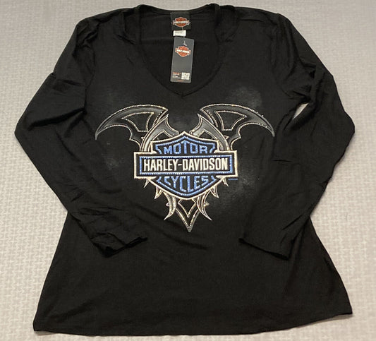 NEW HARLEY DAVIDSON HT4677BLK DULCE LONG SLEEVE V-NECK RHINESTONES BLACK MD