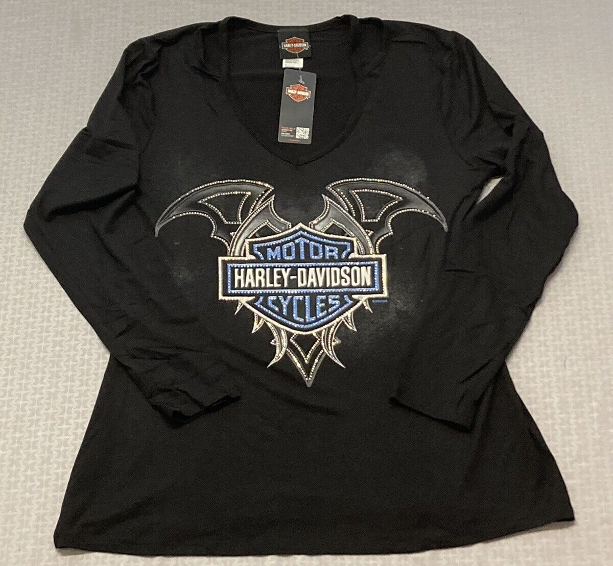 NEW HARLEY DAVIDSON HT4677BLK DULCE LONG SLEEVE V-NECK RHINESTONES BLACK XL