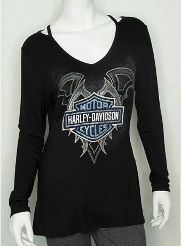 NEW HARLEY DAVIDSON HT4677BLK DULCE LONG SLEEVE V-NECK RHINESTONES BLACK 1XL