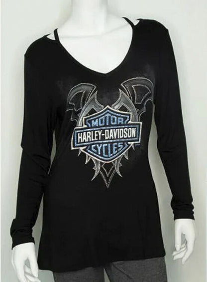 NEW HARLEY DAVIDSON HT4677BLK DULCE LONG SLEEVE V-NECK RHINESTONES BLACK 1XL