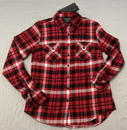 NEW HARLEY DAVIDSON 96476-23VW Women's Retro Script Font Flannel Plaid Shirt XS