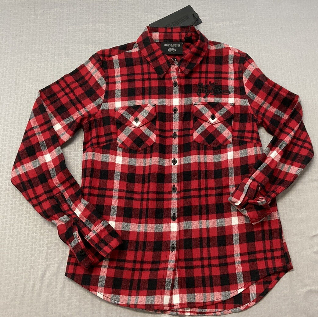 NEW HARLEY DAVIDSON 96476-23VW Women's Retro Script Font Flannel Plaid Shirt Sm