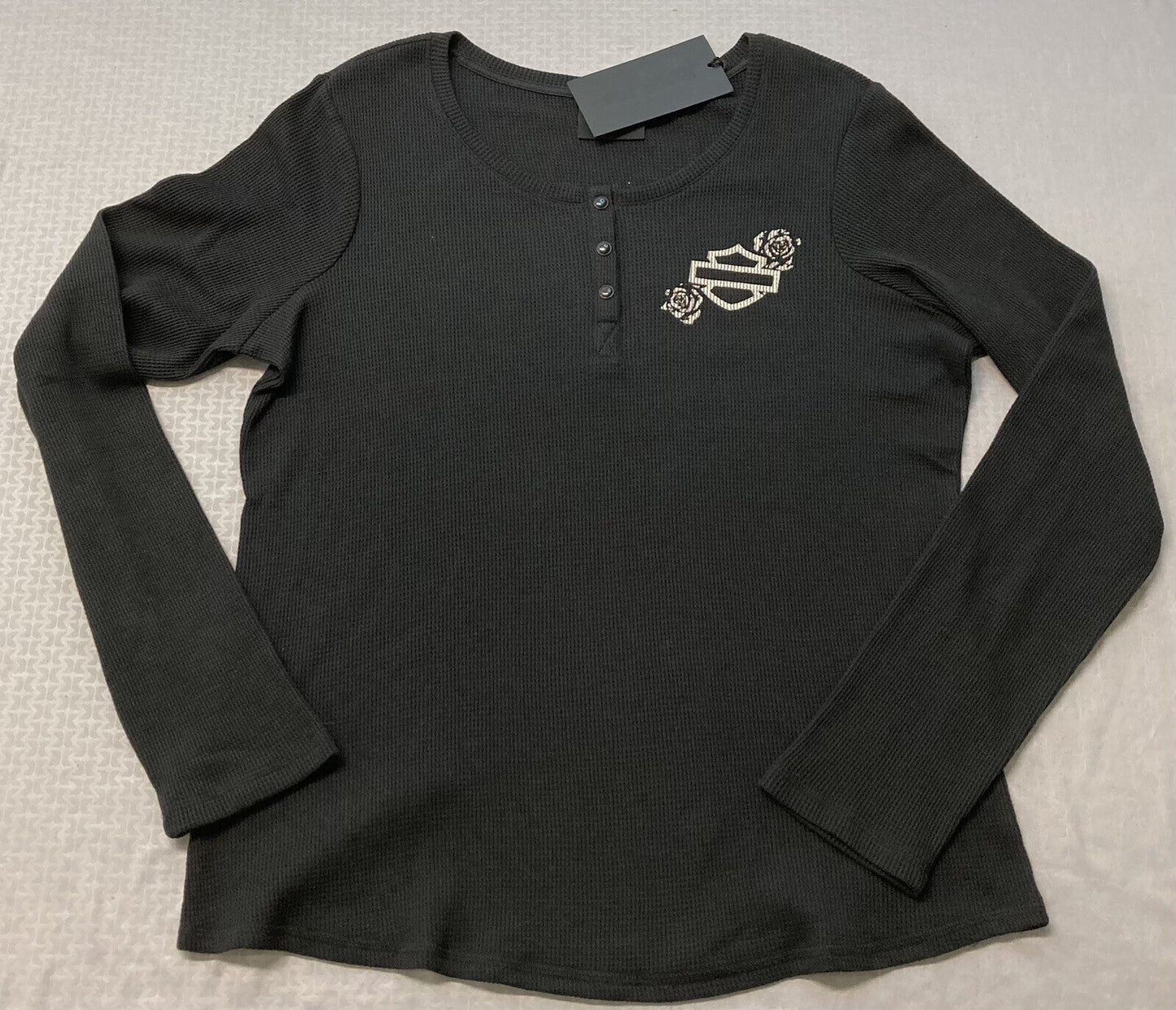 NEW HARLEY DAVIDSON 96452-23VW Women's Fireside Roses L/S Knit Black Tee 1W