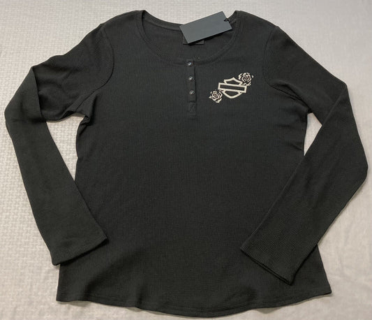 NEW HARLEY DAVIDSON 96452-23VW Women's Fireside Roses L/S Knit Black Tee 2W
