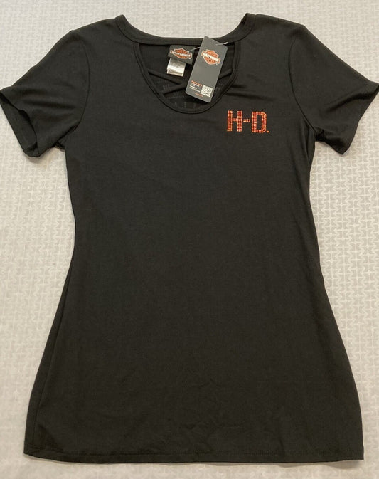 NEW HARLEY DAVIDSON HT4640BLK Women's Winners Circle S/S Scoop Neck Black Top XS