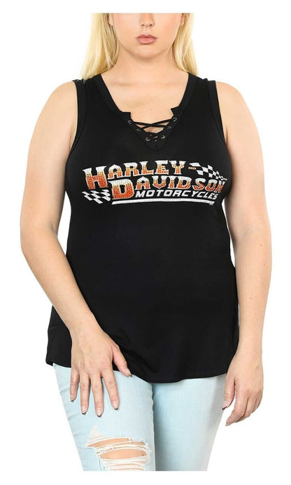 NEW HARLEY DAVIDSON HT4673BLK Womens In Time V-Neck Racer Laced S/L Black Top XS