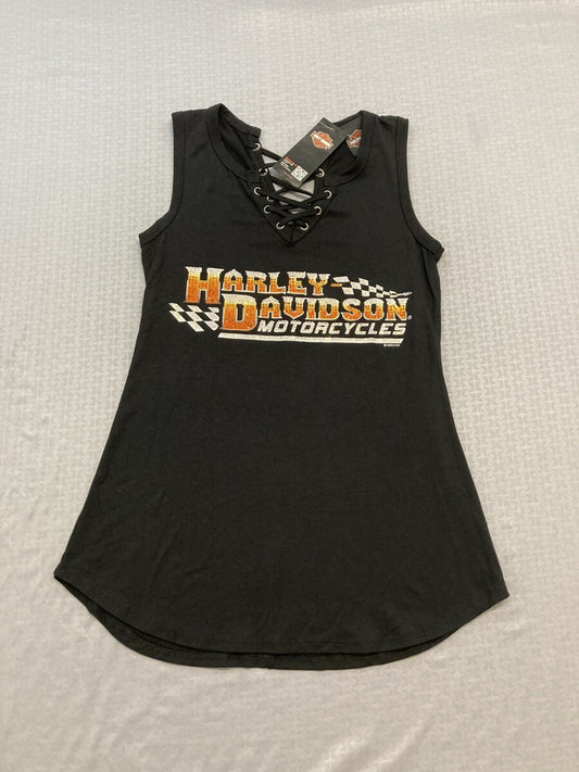 NEW HARLEY DAVIDSON HT4673BLK Womens In Time V-Neck Racer Laced S/L Black Top Sm