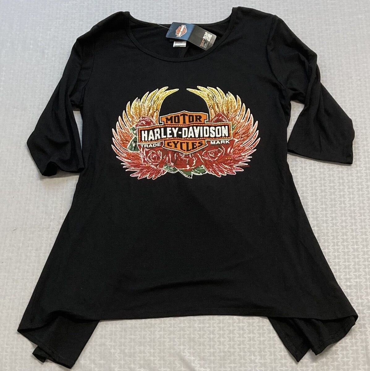 NEW HARLEY DAVIDSON HT4716BLK Women's Rose of Saturn 3/4 Sleeve Black Top XS