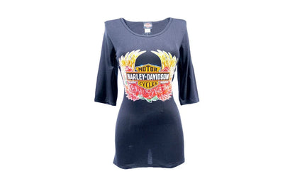 NEW HARLEY DAVIDSON HT4716BLK Women's Rose of Saturn 3/4 Sleeve Black Top Sm