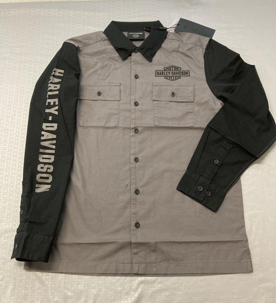 NEW HARLEY DAVIDSON 96135-23VM Mens Woven Mechanic Shirt Colorblock Black Grey M