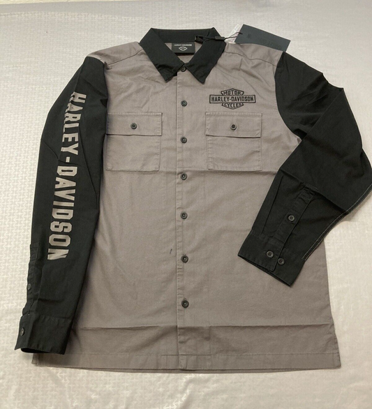 NEW HARLEY DAVIDSON 96135-23VM Mens Woven Mechanic Shirt Colorblock Black Grey M