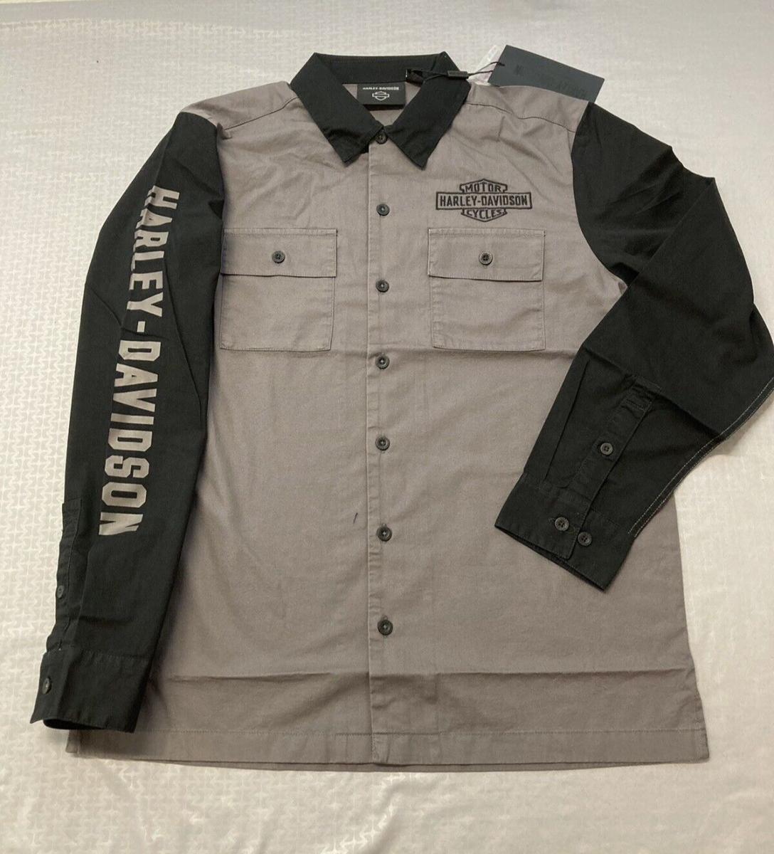 NEW HARLEY DAVIDSON 96135-23VM Mens Woven Mechanic Shirt Colorblock Black Grey L