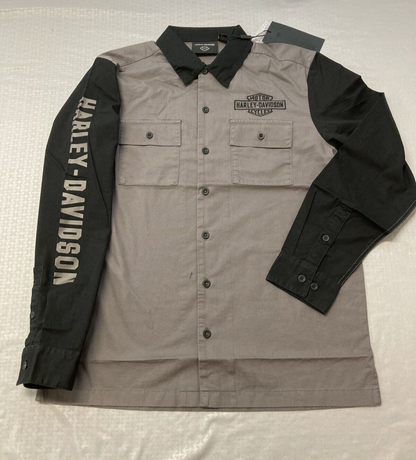 NEW HARLEY DAVIDSON 96135-23VM Mens Woven Mechanic Shirt Colorblock Blk Grey 3XL