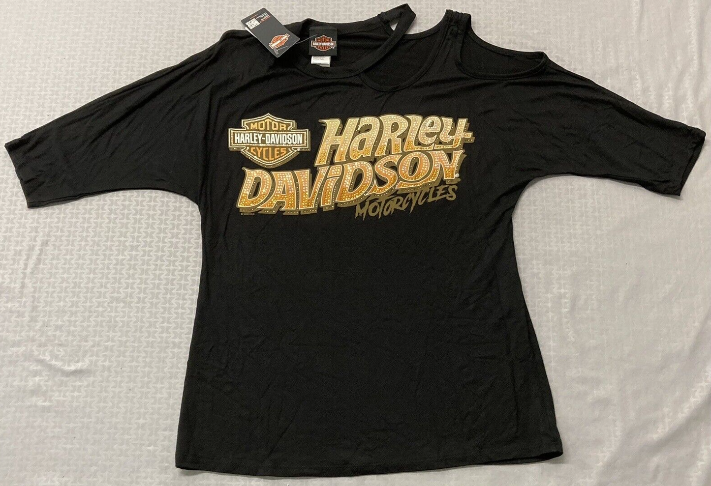 NEW HARLEY DAVIDSON HT4642BLK WOMEN'S GO HARLEY 3/4 SLEEVE ROUND NECK BLK SMALL