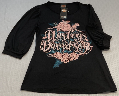 NEW GENUINE HARLEY DAVIDSON HT4655BLK WOMEN'S XS BRIAR PATCH ROUND NECK BLOUSE