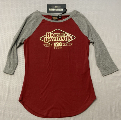 NEW GENUINE HARLEY DAVIDSON 96684-23VW Women's 120TH KNIT RED COLORBLOCK TEE L