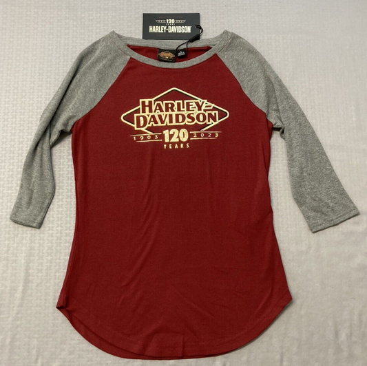 NEW GENUINE HARLEY DAVIDSON 96684-23VW Women's 120TH KNIT RED COLORBLOCK TEE L