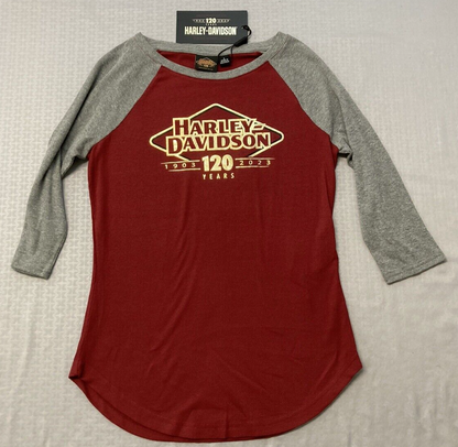 NEW GENUINE HARLEY DAVIDSON 96684-23VW Women's 120TH KNIT RED COLORBLOCK TEE S