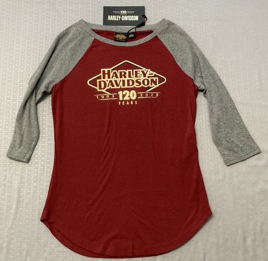 NEW GENUINE HARLEY DAVIDSON 96684-23VW Women's 120TH KNIT RED COLORBLOCK TEE S
