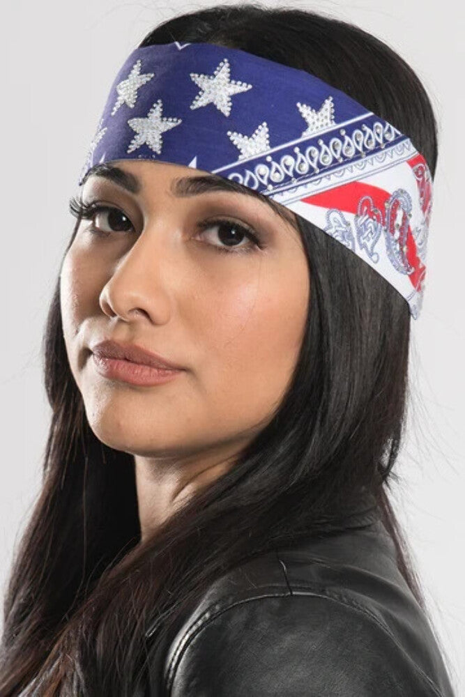 NEW HAIR GLOVE BANDANA HG-56512 WOMEN'S AMERICAN FLAG PAISLEY W/GEMS PRE-SEWN