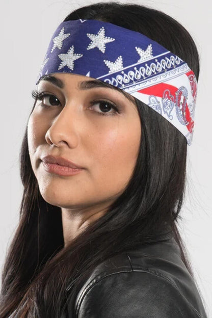 NEW HAIR GLOVE BANDANA HG-56512 WOMEN'S AMERICAN FLAG PAISLEY W/GEMS PRE-SEWN