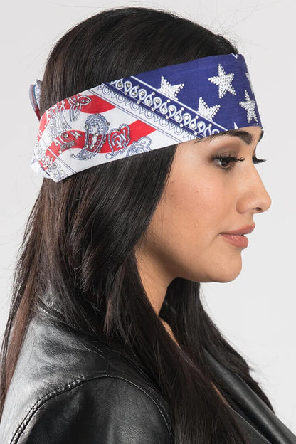 NEW HAIR GLOVE BANDANA HG-56512 WOMEN'S AMERICAN FLAG PAISLEY W/GEMS PRE-SEWN
