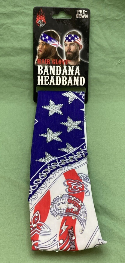 NEW HAIR GLOVE BANDANA HG-56512 WOMEN'S AMERICAN FLAG PAISLEY W/GEMS PRE-SEWN