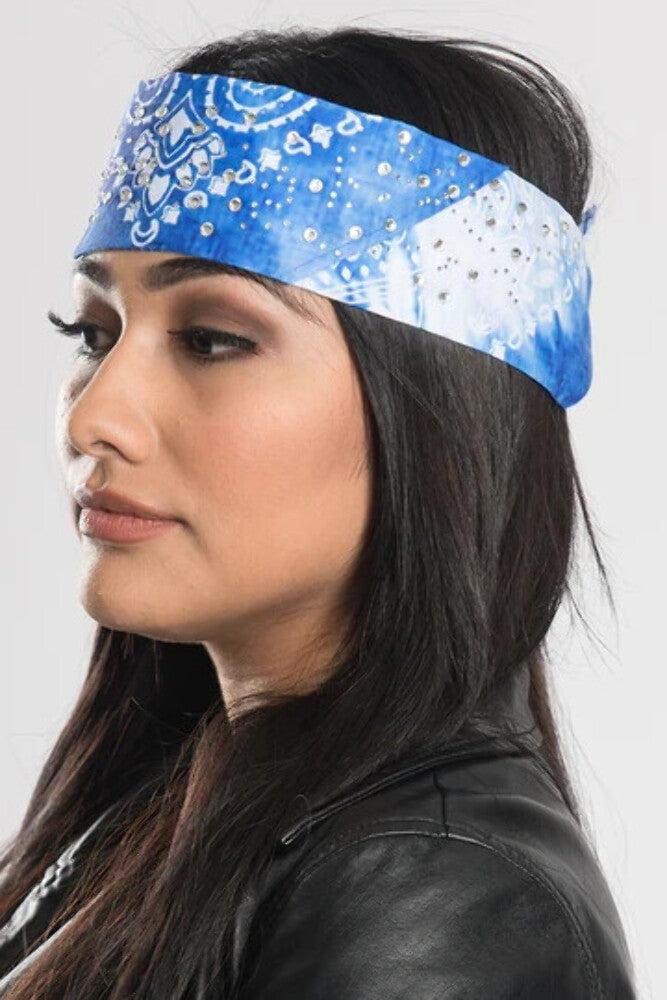 NEW HAIR GLOVE BANDANA HG-56509 WOMEN'S BLUE TIE DYE PAISLEY W/GEMS PRE-SEWN