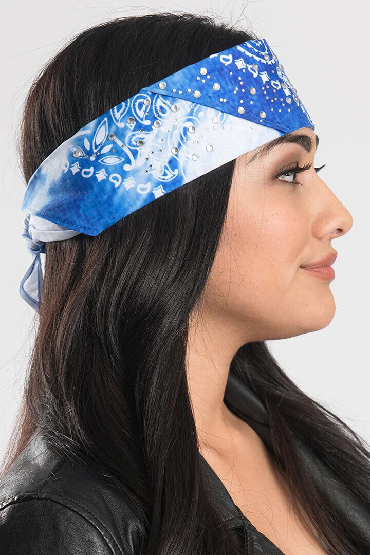 NEW HAIR GLOVE BANDANA HG-56509 WOMEN'S BLUE TIE DYE PAISLEY W/GEMS PRE-SEWN