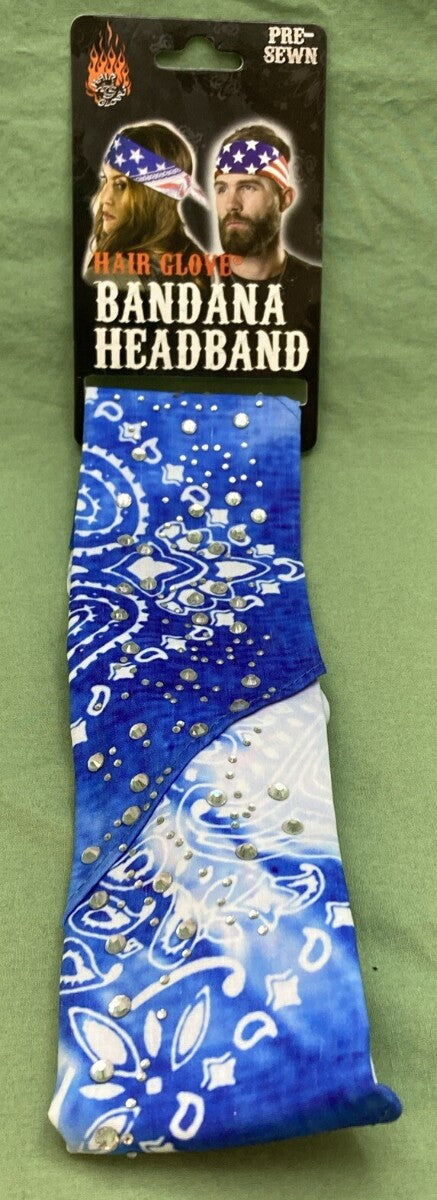 NEW HAIR GLOVE BANDANA HG-56509 WOMEN'S BLUE TIE DYE PAISLEY W/GEMS PRE-SEWN