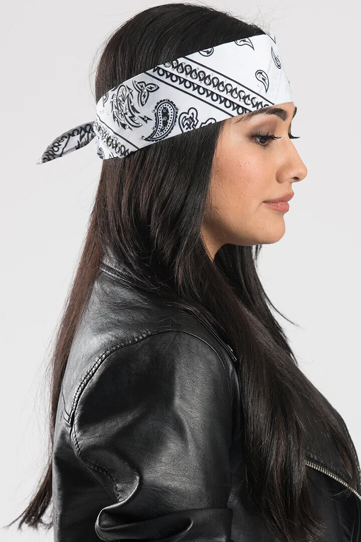 NEW HAIR GLOVE BANDANA HG-56518 WOMEN'S WHITE PAISLEY W/GEMS PRE-SEWN