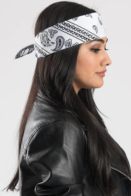 NEW HAIR GLOVE BANDANA HG-56518 WOMEN'S WHITE PAISLEY W/GEMS PRE-SEWN