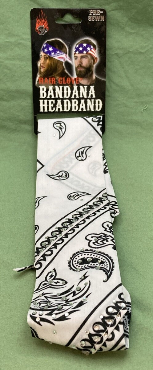 NEW HAIR GLOVE BANDANA HG-56518 WOMEN'S WHITE PAISLEY W/GEMS PRE-SEWN