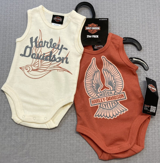 NEW GENUINE HARLEY DAVIDSON 3002229 6-9M GIRL 2PK RIB BODYSUIT ORG/WTE