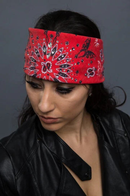 NEW HAIR GLOVE HG-56002 24.5" BANDANA WOMEN'S RED PAISLEY BUTTERFLY STONE