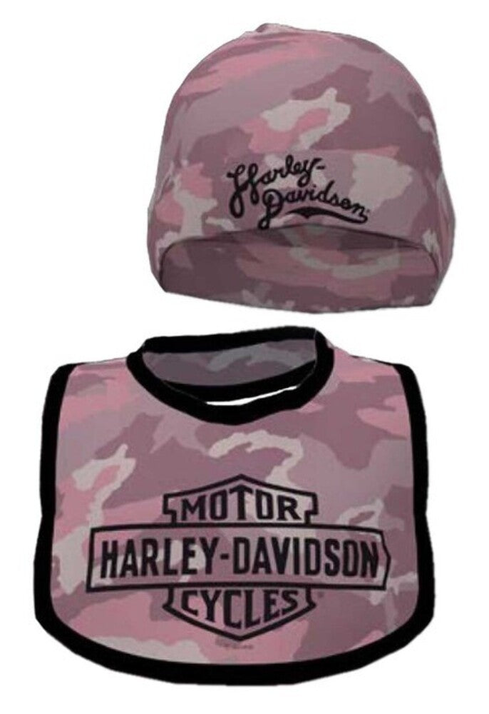 NEW GENUINE HARLEY DAVIDSON 7003240 NB GIRL PTD BIB & HAT PINK PRINT