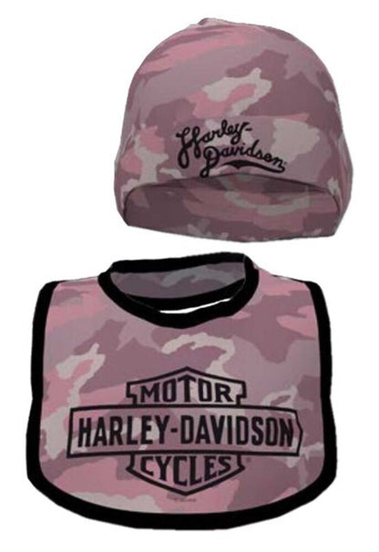 NEW GENUINE HARLEY DAVIDSON 7003240 NB GIRL PTD BIB & HAT PINK PRINT