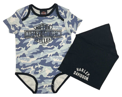 NEW HARLEY DAVIDSON 2553226 Boys Printed Camo Knit Creeper, Doo Rag Set 6-9 MO