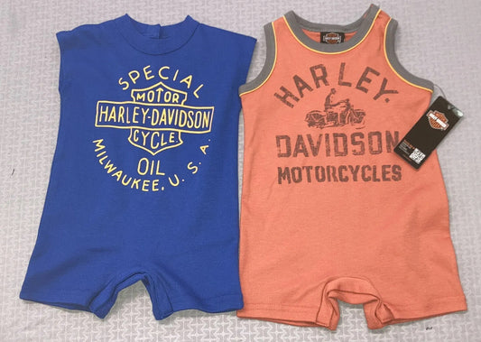 NEW HARLEY DAVIDSON 3052235 Baby Boys 2-Pack Sleeveless Romper Set Org/Blu 0-3MO