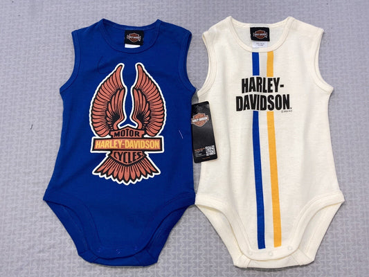 NEW HARLEY DAVIDSON 3052231 Boys 2-Pk Rib Bodysuit Creeper Set Blu/Whit 12/18 MO