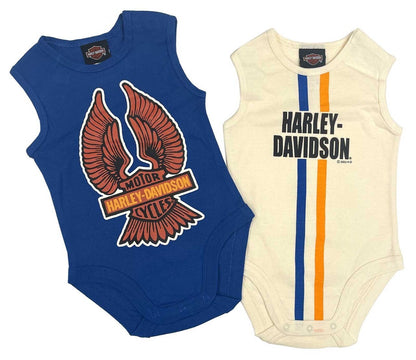 NEW HARLEY DAVIDSON 3062231 Boys 2-Pk Rib Bodysuit Creeper Set Blu/Whit 18/24 MO