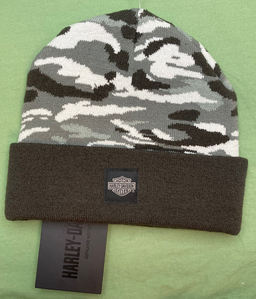NEW HARLEY DAVIDSON 97692-23VM Men's Forever Knit Camo Cuffed Beanie Cap Gray