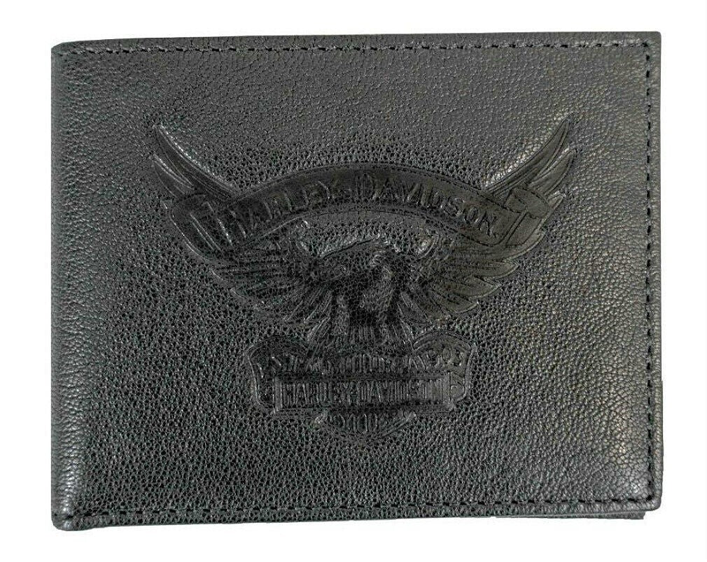 NEW HARLEY DAVIDSON EE9035L-BLK Mens Eagle Emboss Leather Bifold Plus One Wallet