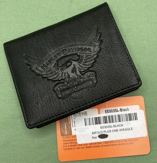NEW HARLEY DAVIDSON EE9035L-BLK Mens Eagle Emboss Leather Bifold Plus One Wallet