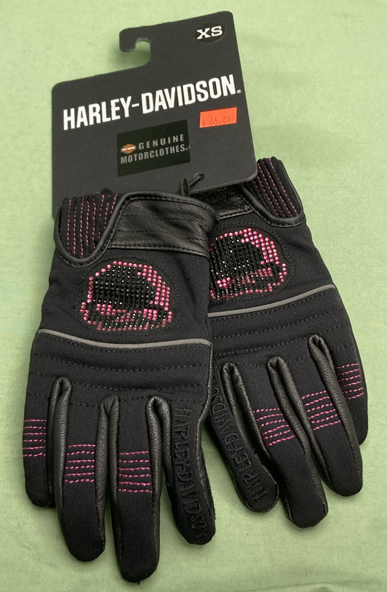 NEW HARLEY DAVIDSON 97133-22VW Women's Bling Willy G Skull Full Finger Glove XS
